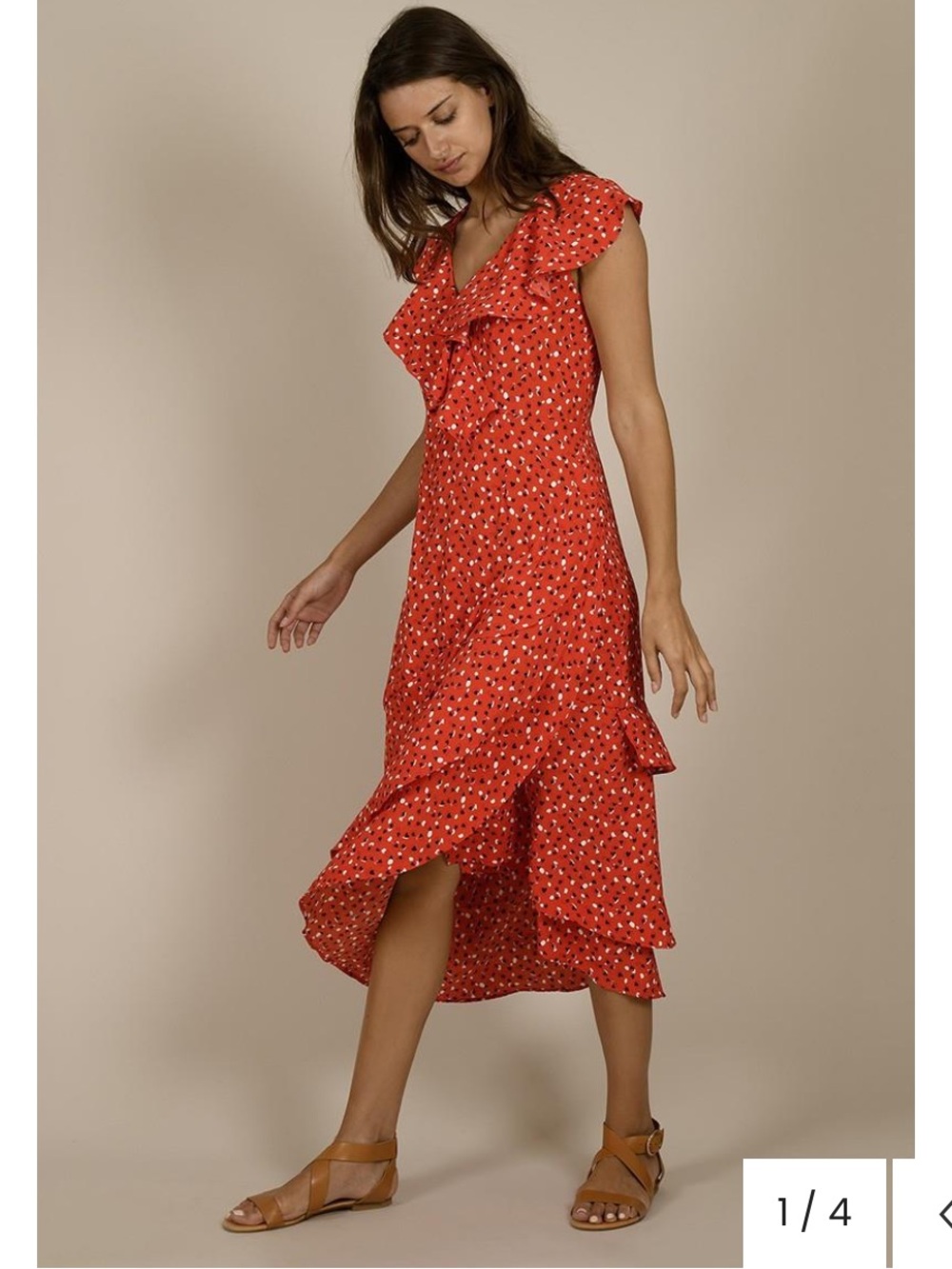 Molly Bracken Red Heart Print Tiered Ruffles Midi Dress